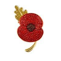 Poppy Collection Crystal Brooch Large Gold Tone with Leaf