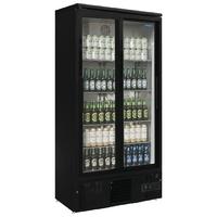 polar upright back bar cooler with sliding doors in black 490ltr