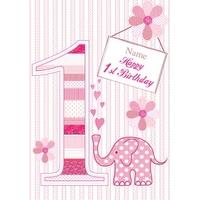 pretty pink elephant personalised first birthday card