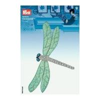 Prym Iron or Sew On Fabric Motif Applique Silver & Green Dragonfly