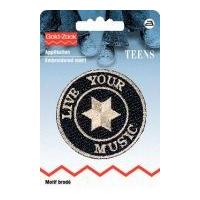 prym iron on embroidered jeans label motif live your music