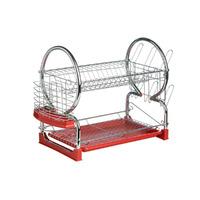Premier Housewares 2 Tier Dish Drainer with Holder and Drip Tray in Chrome and Red