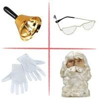 Professional Santa Claus Accessory Kit Set - Classic Gold Bell + Half Moon Wizard Spectacles + Luxury White Gloves + Superior Wig with Beard and Moust