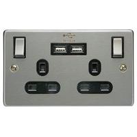 premium uk two gang wall plate with 2 x usb 2400mah outlets in a brush ...