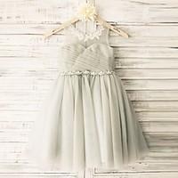 Princess Knee-length Flower Girl Dress - Lace / Satin / Tulle Sleeveless Scoop with