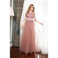 prom formal evening dress see through a line jewel floor length tulle  ...