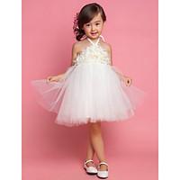 Princess Tea-length Flower Girl Dress - Satin / Tulle Sleeveless Halter with Draping / Flower(s)