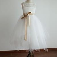 Princess Tea-length Flower Girl Dress - Lace / Satin / Tulle Sleeveless Scoop with