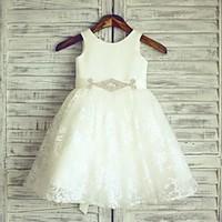 Princess Knee-length Flower Girl Dress - Lace / Satin Sleeveless Scoop with