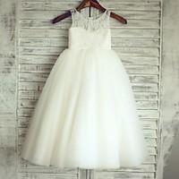 Princess Flower Girl Dress Floor-length - Lace / Satin / Tulle Sleeveless Scoop