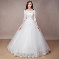 Princess Wedding Dress Lacy Look Floor-length Scoop Lace with Bow Flower Ruffle