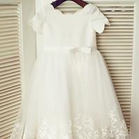 princess knee length flower girl dress lace satin short sleeve scoop w ...