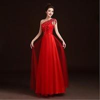 Prom / Formal Evening Dress A-line One Shoulder Floor-length Lace / Satin / Tulle with Appliques / Beading / Sash / Ribbon