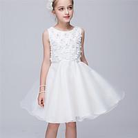 Princess Knee-length Flower Girl Dress - Mesh Tulle Netting Jewel with Applique Flower(s)