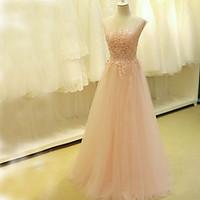 Prom Formal Evening Dress - See Through A-line Scoop Sweep / Brush Train Tulle with Appliques Beading