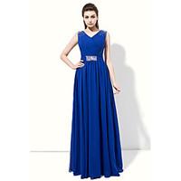 Prom Formal Evening Dress - Elegant A-line V-neck Floor-length Chiffon with Beading Side Draping