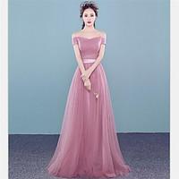 Prom Formal Evening Dress - Lace-up A-line Off-the-shoulder Floor-length Tulle with Beading Side Draping