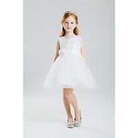 Princess Knee-length Flower Girl Dress - Cotton Crepe Jewel with Beading Bow(s)