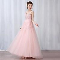 Prom Formal Evening Dress - Sparkle Shine A-line V-neck Floor-length Tulle withAppliques Beading Pearl Detailing Sash / Ribbon Side