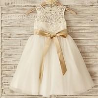 Princess Knee-length Flower Girl Dress - Lace / Tulle Sleeveless Scoop with Bow(s) / Sash / Ribbon