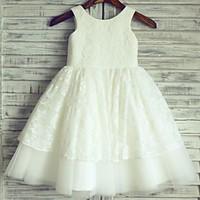 Princess Knee-length Flower Girl Dress - Lace Satin Tulle Scoop with Lace