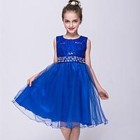 Princess Floor-length Flower Girl Dress - Satin Tulle Jewel with Bowknot Sequin Ribbon Tie