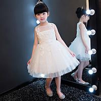 Princess Knee-length Flower Girl Dress - Cotton Lace Tulle Jewel with Beading Appliques Crystal Detailing Lace