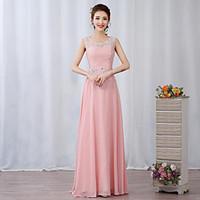 Prom / Formal Evening Dress A-line Jewel Floor-length Chiffon / Lace with Appliques / Beading / Flower(s)