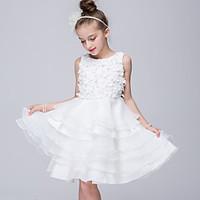 Princess Knee-Length Flower Girl Dress - Organza Round Neck with Applique Buttons