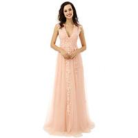 Prom Formal Evening Dress - Elegant A-line V-neck Floor-length Tulle with Appliques