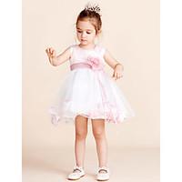 Princess Knee-length Flower Girl Dress - Cotton Tulle Jewel with Flower(s) Sash / Ribbon