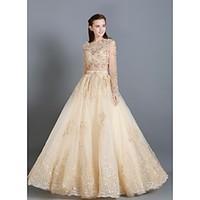 Prom Formal Evening Dress - Two Pieces A-line V-neck Floor-length Lace Satin with Beading Sash / Ribbon