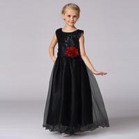 Princess Floor-length Flower Girl Dress - Satin Tulle Jewel with Bowknot Sequin Ribbon Tie