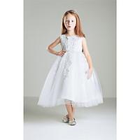 Princess Ankle-length Flower Girl Dress - Cotton Lace Jewel with Beading Appliques Bow(s) Lace