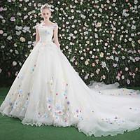 Princess Wedding Dress - Chic Modern Royal Length Train Bateau Lace Organza Tulle with Flower Lace Ruffle