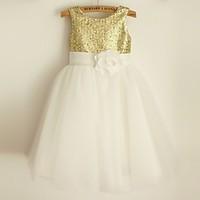 Princess Knee-length Flower Girl Dress - Satin / Tulle / Sequined Sleeveless Scoop with