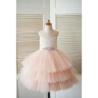 Princess Tea-length Flower Girl Dress - Lace Tulle Jewel with Beading Buttons Sash / Ribbon