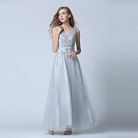 Prom Formal Evening Dress - Elegant Ball Gown V-neck Ankle-length Lace Tulle with Lace Sash / Ribbon