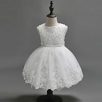 Princess Knee-length Flower Girl Dress - Lace Sequined Polyester Sleeveless Jewel with Bow(s) Sequins