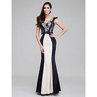 Prom Formal Evening Dress - Color Block Trumpet / Mermaid V-neck Ankle-length Satin with Lace