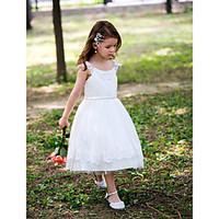 Princess Tea-length Flower Girl Dress - Satin Scoop with Lace