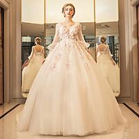 Princess Wedding Dress - Elegant Luxurious Floor-length V-neck Tulle with Appliques Beading Lace