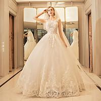 Princess Wedding Dress - Elegant Luxurious Floor-length Scoop Tulle with Appliques Lace Ruffle Sequin