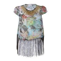 Printed Fringe Top With Stud Necklace