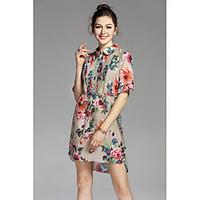 PROVERB Women\'s Casual/Daily Cute Loose DressPrint Shirt Collar Above Knee Short Sleeve Linen Spring Summer Mid Rise Micro-elastic Thin