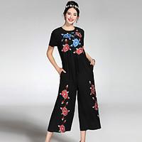 PROVERB Bootcut JumpsuitsCasual/Daily Simple Floral Round Neck Short Sleeve Mid Rise Linen Inelastic Spring Summer