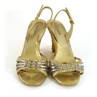 prada size 65 metallic slingbacks with straw woven wedge