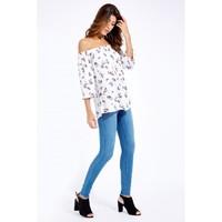 PRINTED CRINKLE LONG SLEEVE BARDOT BLOUSE