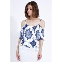 PRINTED CRINKLE COLD SHOULDER BLOUSE