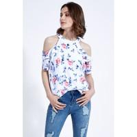 printed halter neck frill cold shoulder blouse